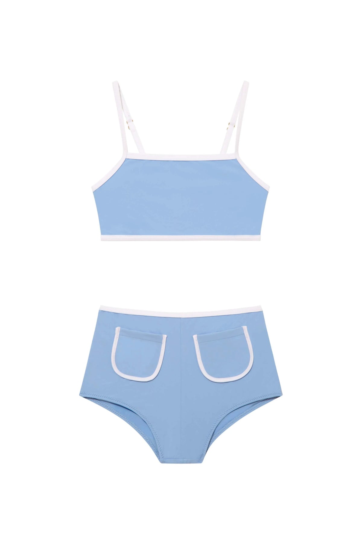 Sunny Blue Kids Bikini Set with Square Neck, High Waist, and Pocket Detail