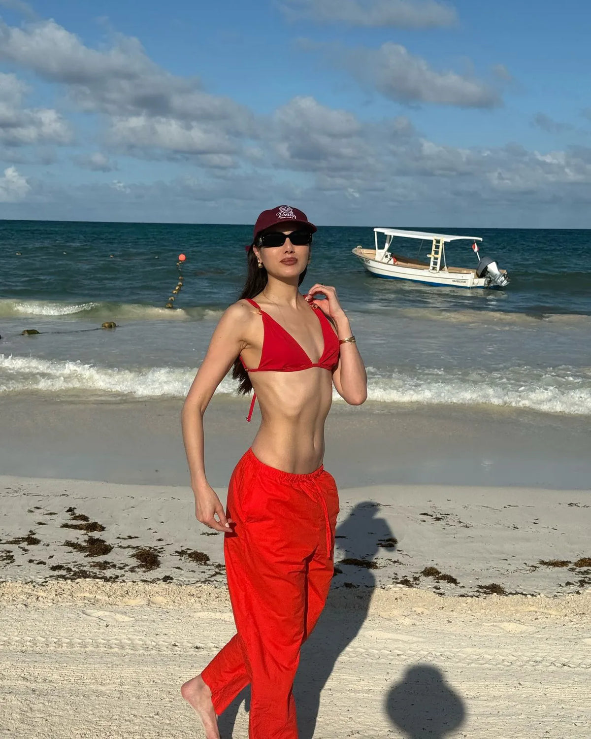 Natalie Lim Suarez Zella Red Triangle Mid Coverage Solid Bikini Set