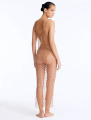 Bruna Lirio Aliana Bronze Macrame Net Maxi Dress with Glass Bead Details and Nixie Bronze Bandeau Mid Coverage Bikini Set