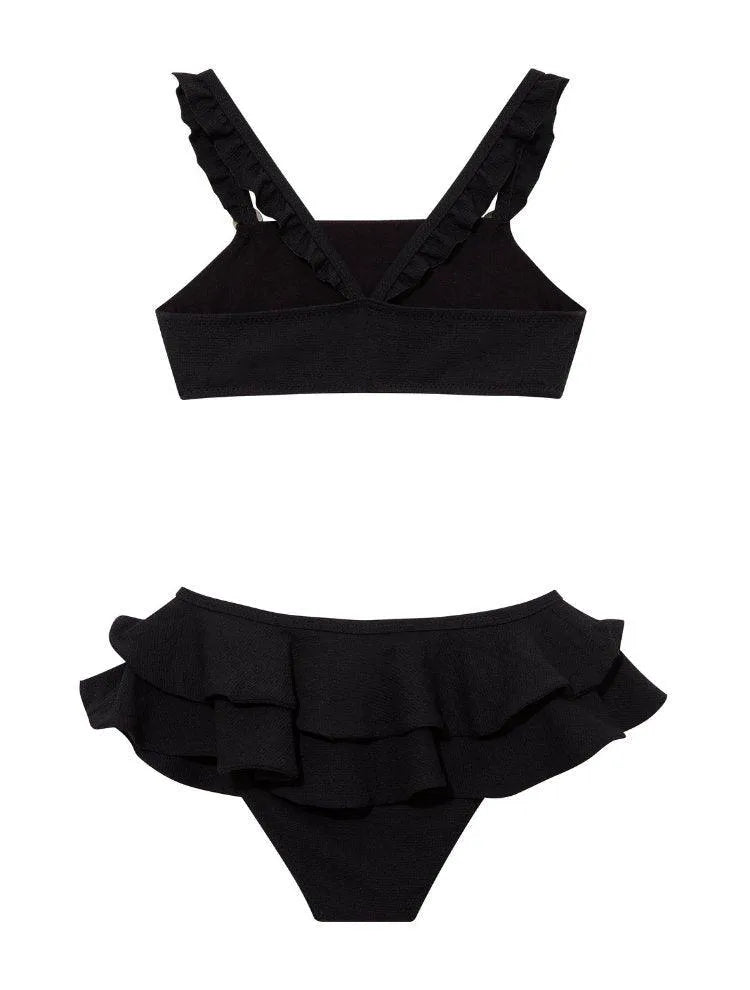 Dassy Kids Bikini Set with Ruffle Strap and Layered Skirt in Black