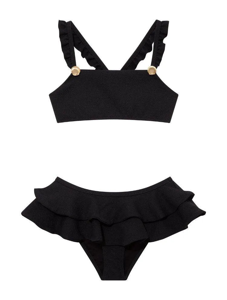 Dassy Kids Bikini Set with Ruffle Strap and Layered Skirt in Black