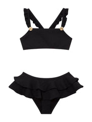 Dassy Kids Bikini Set with Ruffle Strap and Layered Skirt in Black