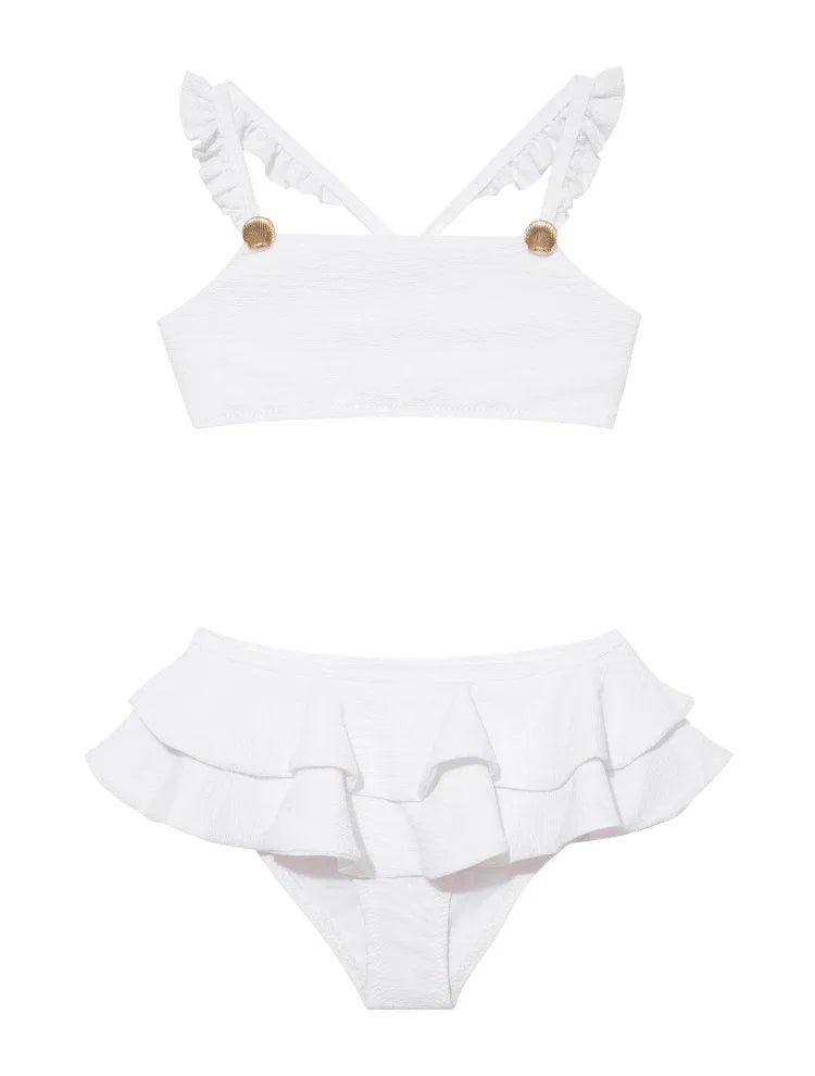 Dassy Kids Bikini Set with White Ruffle Straps and Layered Skirt