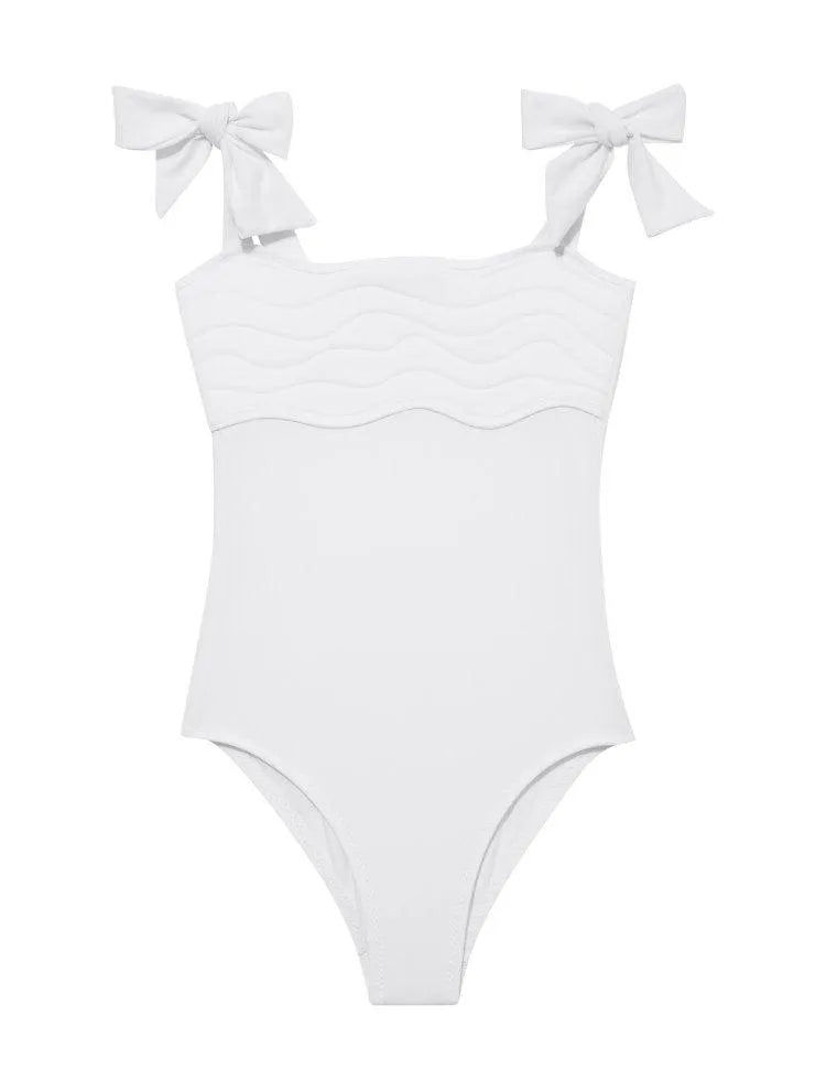 Everlee White Kids Swimsuit with Bow Strap Detail