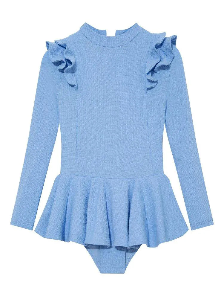 Jojo Baby Blue Textured Ruffle Skirt Swimsuit