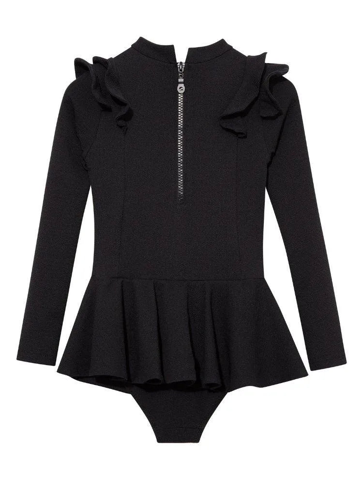 Jojo Black Textured Ruffle Skirt Swimsuit