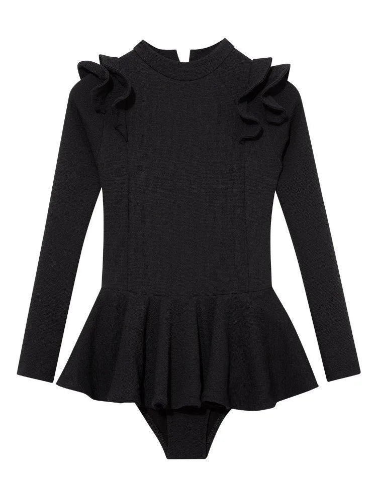 Jojo Black Textured Ruffle Skirt Swimsuit