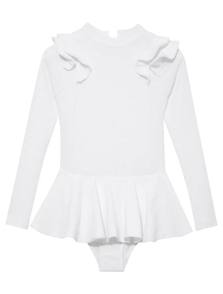 Jojo White Textured Ruffle Skirt Swimsuit