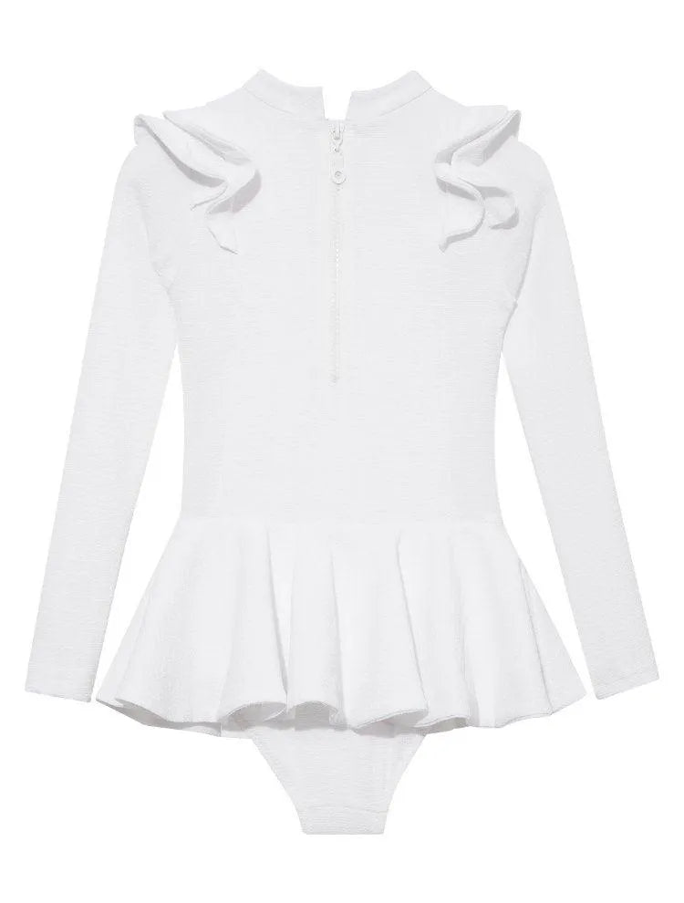Jojo White Textured Ruffle Skirt Swimsuit
