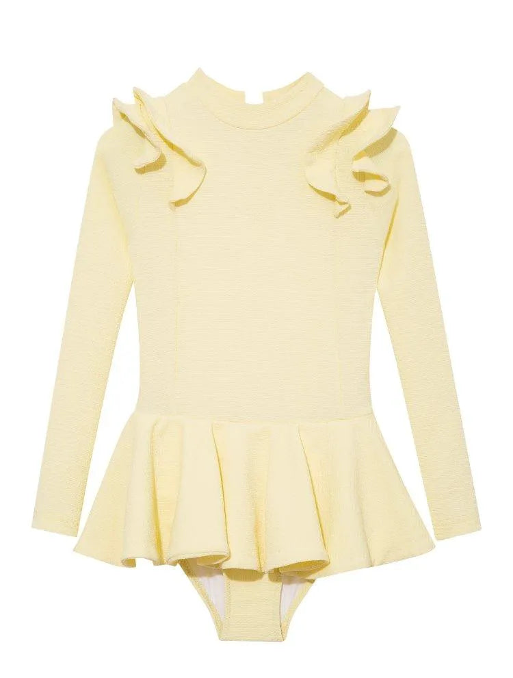 Jojo Yellow Textured Ruffle Skirt Swimsuit