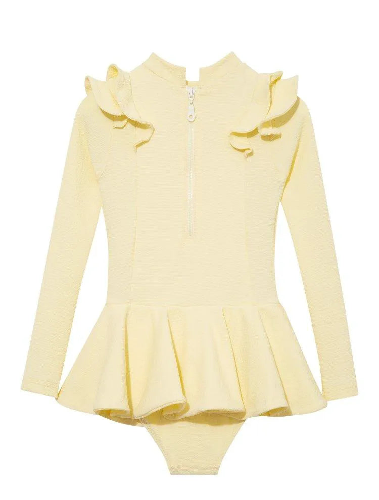 Jojo Yellow Textured Ruffle Skirt Swimsuit