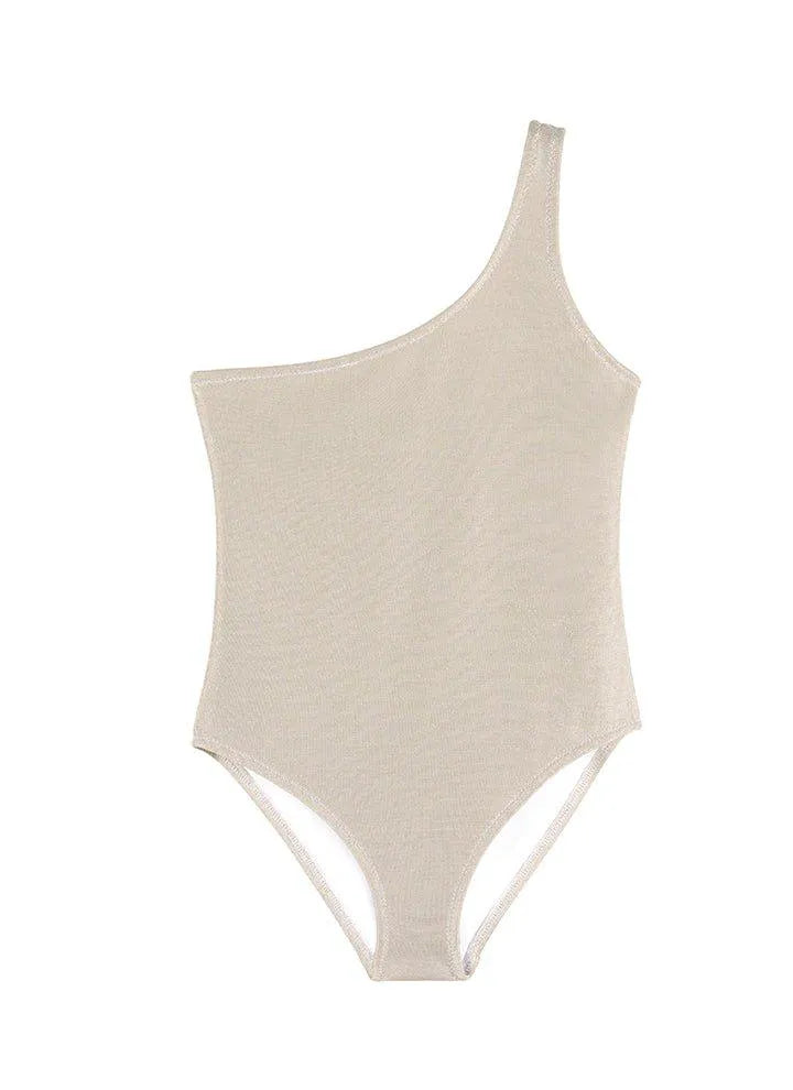 Kids One-Shoulder Kitty Silver Swimsuit