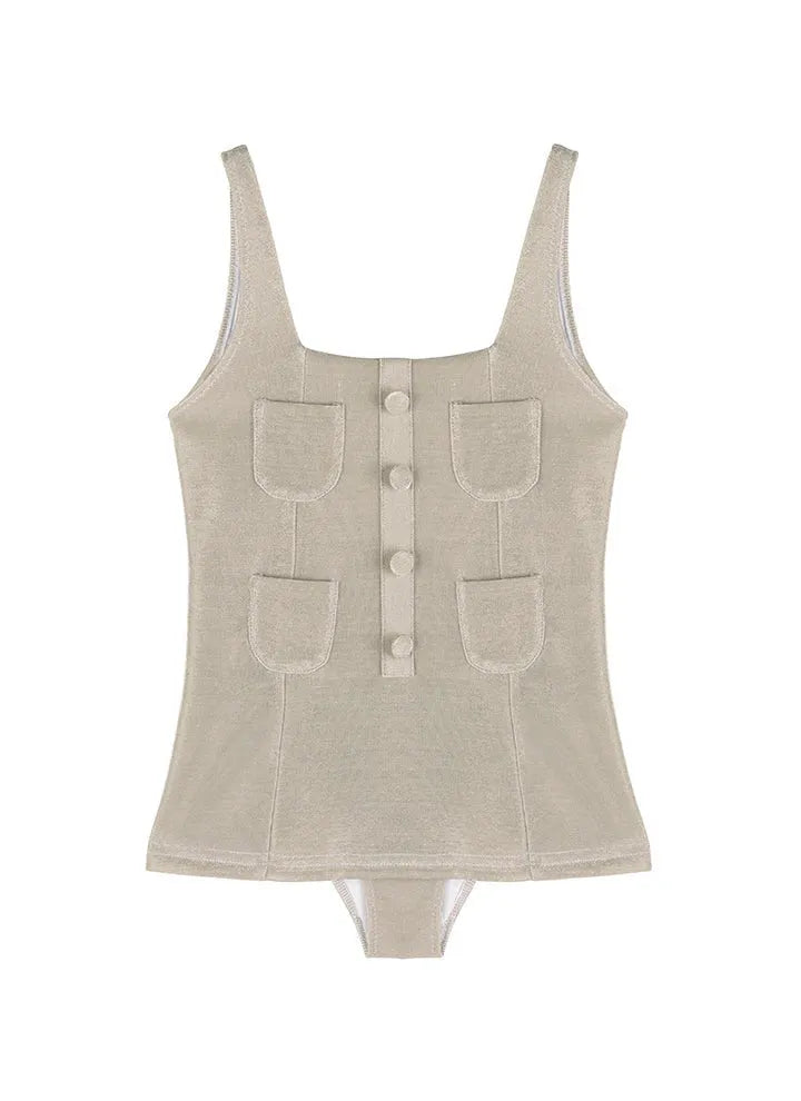 Nil Kids Silver Square-Neck Swimsuit with Pocket Detail