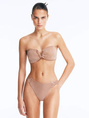 Bruna Lirio Aliana Bronze Macrame Net Maxi Dress with Glass Bead Details and Nixie Bronze Bandeau Mid Coverage Bikini Set