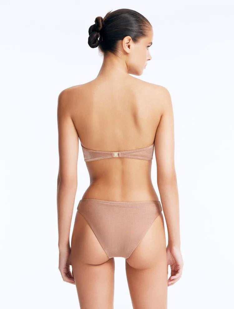 Bruna Lirio Aliana Bronze Macrame Net Maxi Dress with Glass Bead Details and Nixie Bronze Bandeau Mid Coverage Bikini Set