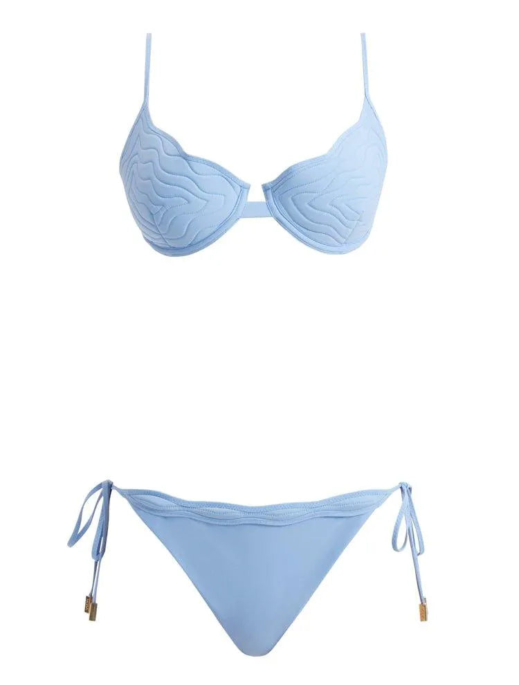 Nina Agdal Salila Baby Blue Underwired Side Tie Wave Textured Bikini Set with Ephram Blue Wave-Textured Mini Skirt