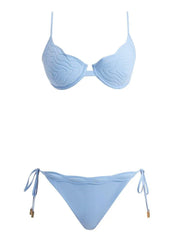 Nina Agdal Salila Baby Blue Underwired Side Tie Wave Textured Bikini Set with Ephram Blue Wave-Textured Mini Skirt