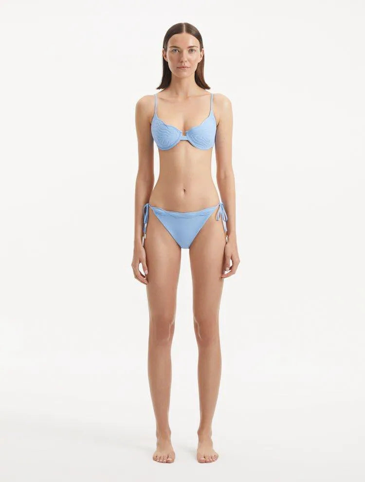 Nina Agdal Salila Baby Blue Underwired Side Tie Wave Textured Bikini Set with Ephram Blue Wave-Textured Mini Skirt