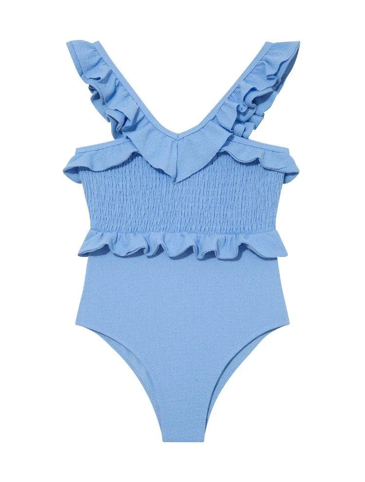 Sissy Baby Blue Ruffled Textured Kids Swimsuit